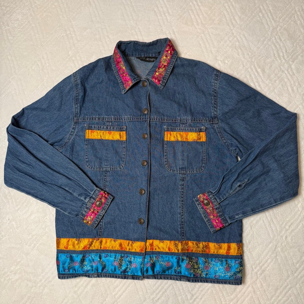 Boho Art to Wear D.D. Designs Denim Jacket M Brocade Trim 90s Maximalist